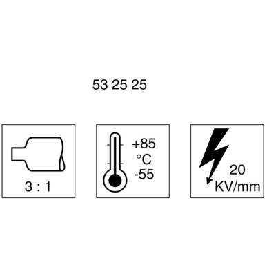 Heat shrink ratio 3:1, operating temperature from -55°C to +85°C, dielectric strength 20 kV/mm.