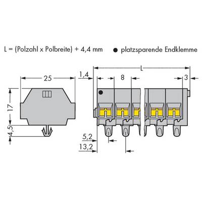 Technical drawing of a five-pole plug connector, marked with dimensions and text: 'L = (Number of poles x Pole width) + 4.4 mm'.