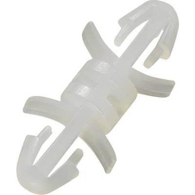 A white plastic fixing pin with hooks at the ends and wings in the middle, used for connecting materials.