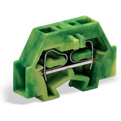 Green plastic connector for electrical applications, with two connection points.