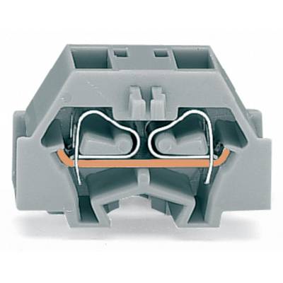 Grey cable clamp with two wires connected by a metallic clip, used for electrical connection and insulation.