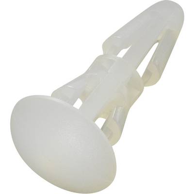 A white plastic wall plug with a round head and ribbed structure, used for securing screws in walls.