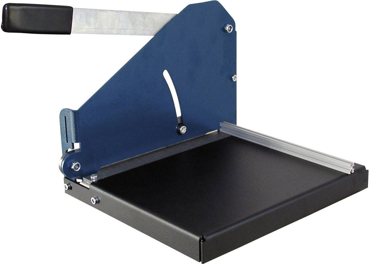 Paper cutting machine with a blue metal blade and black base. It has a lever handle for operation.