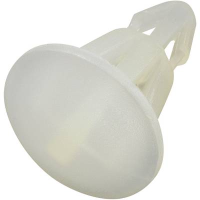 A white plastic wall plug with a tapered shape and wide flange, used for secure fixing in walls or other surfaces.