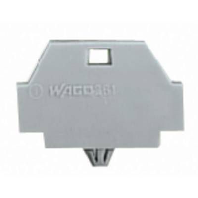 Grey connection terminal accessory with a rectangular shape and square cut-out, featuring the 'WAGO 261' logo.