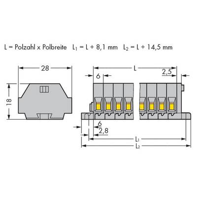 Technical drawing of a connector. Dimensions and spacing between pin rows are indicated. Formulas for calculating length: L = L + 8.1 mm and L = L + 14.5 mm.