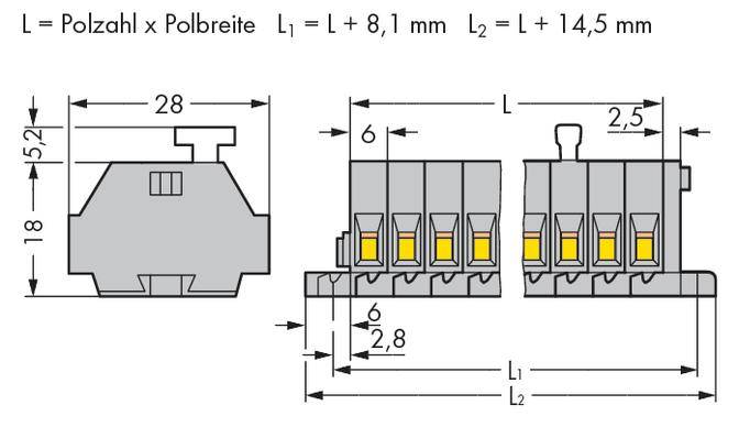 Technical drawing of a connector with dimensions in millimetres. Shows the width, height, and depth of components with spacing details.