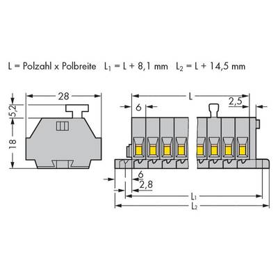 Technical drawing of a connector with dimensions in millimetres. Shows the width, height, and depth of components with spacing details.