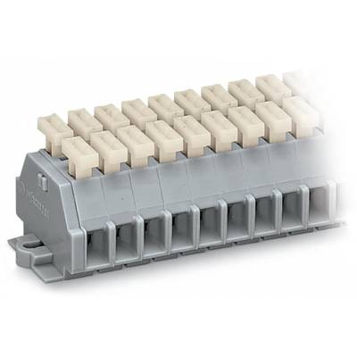 A grey connector block with multiple beige sockets for electrically connecting wires.