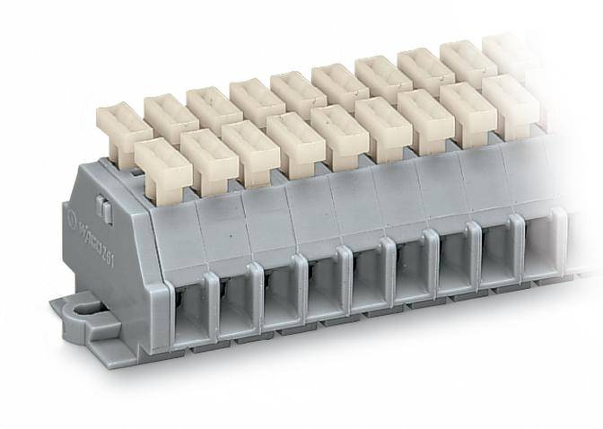 A grey electrical connector with multiple white terminals is shown from the side. The product has a rectangular shape.