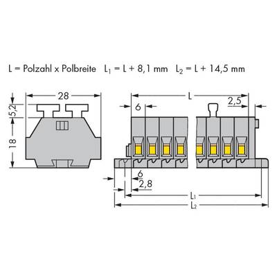 Technical drawing of a connector with dimensions. Details of height, width, and length. Includes formulas for length calculation.