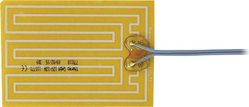 A thin yellow heating element strip with white conductor tracks and two blue cables for electrical connections.