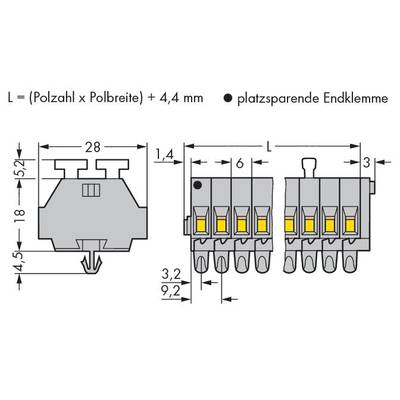 'Drawing of a multi-pole connector with dimensions in millimetres. Contains spacing numbers and labelling for space-saving end terminal.'