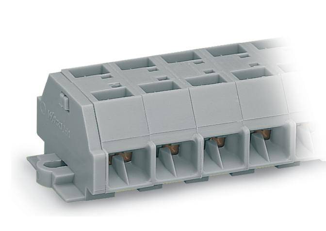Grey electrical terminal block with multiple connection points, suitable for mounting on a DIN rail in switchgear assemblies.