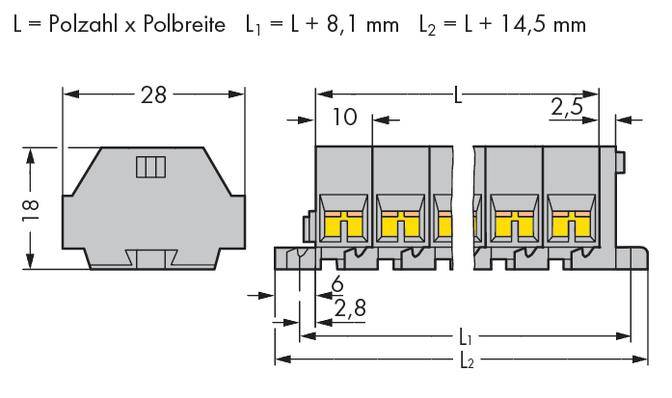 'Technical drawing of a connector with dimensions: Height 18 mm, Width 28 mm. Annotations: L = Number of poles x Pole width, L1 = L + 8.1 mm, L2 = L + 14.5 mm.'