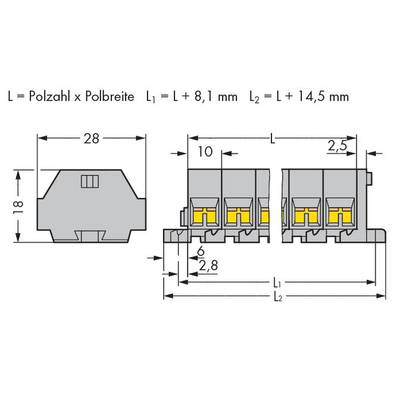 'Technical drawing of a connector with dimensions: Height 18 mm, Width 28 mm. Annotations: L = Number of poles x Pole width, L1 = L + 8.1 mm, L2 = L + 14.5 mm.'
