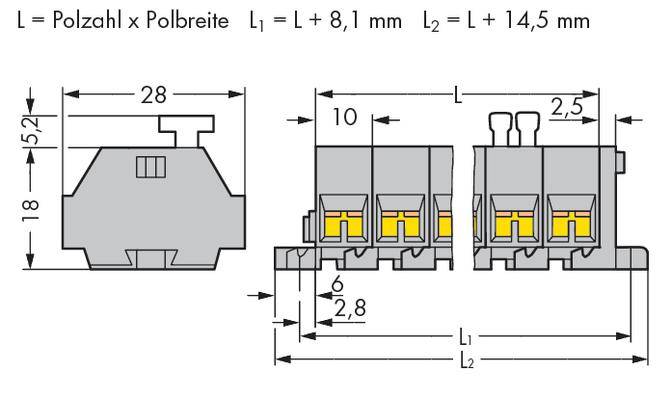 Drawing of an electrical connector with dimensions: height 18 mm, width 28 mm, length dependent on number of poles. Shows various perspectives and details.