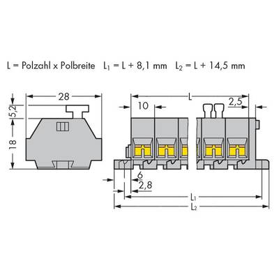 Drawing of an electrical connector with dimensions: height 18 mm, width 28 mm, length dependent on number of poles. Shows various perspectives and details.