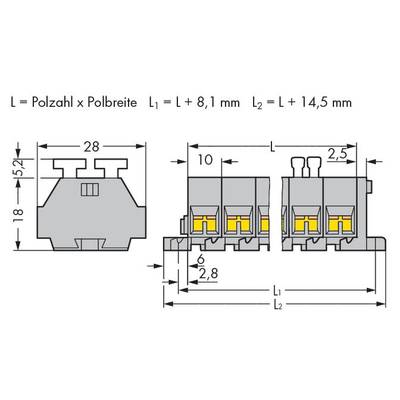 Technical drawing of a connector with dimensions. Shows width specifications and shape of plug contacts in millimetres.