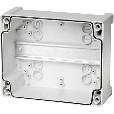 A rectangular, empty plastic junction box with mounting options on the sides and a metal rail in the centre.