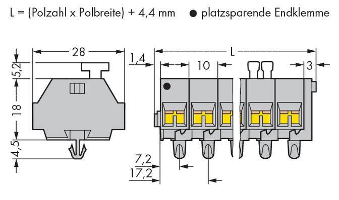 'Technical drawing of a space-saving end terminal with dimensions and markings for pole count, pole width and spacing.'