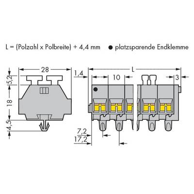 Technical drawing of a space-saving end clamp with dimensions and formula for calculating the length: L = (Number of poles × Pole width) + 4.4 mm.