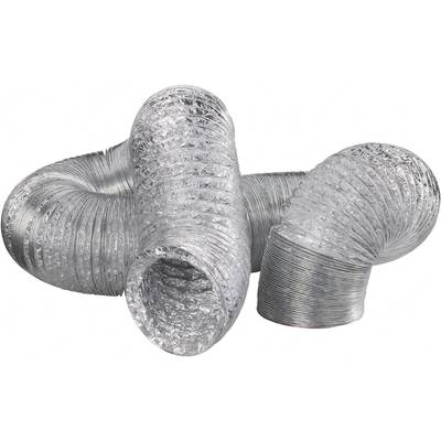 Two flexible, silver aluminium ventilation ducts in curved form, against a white background.