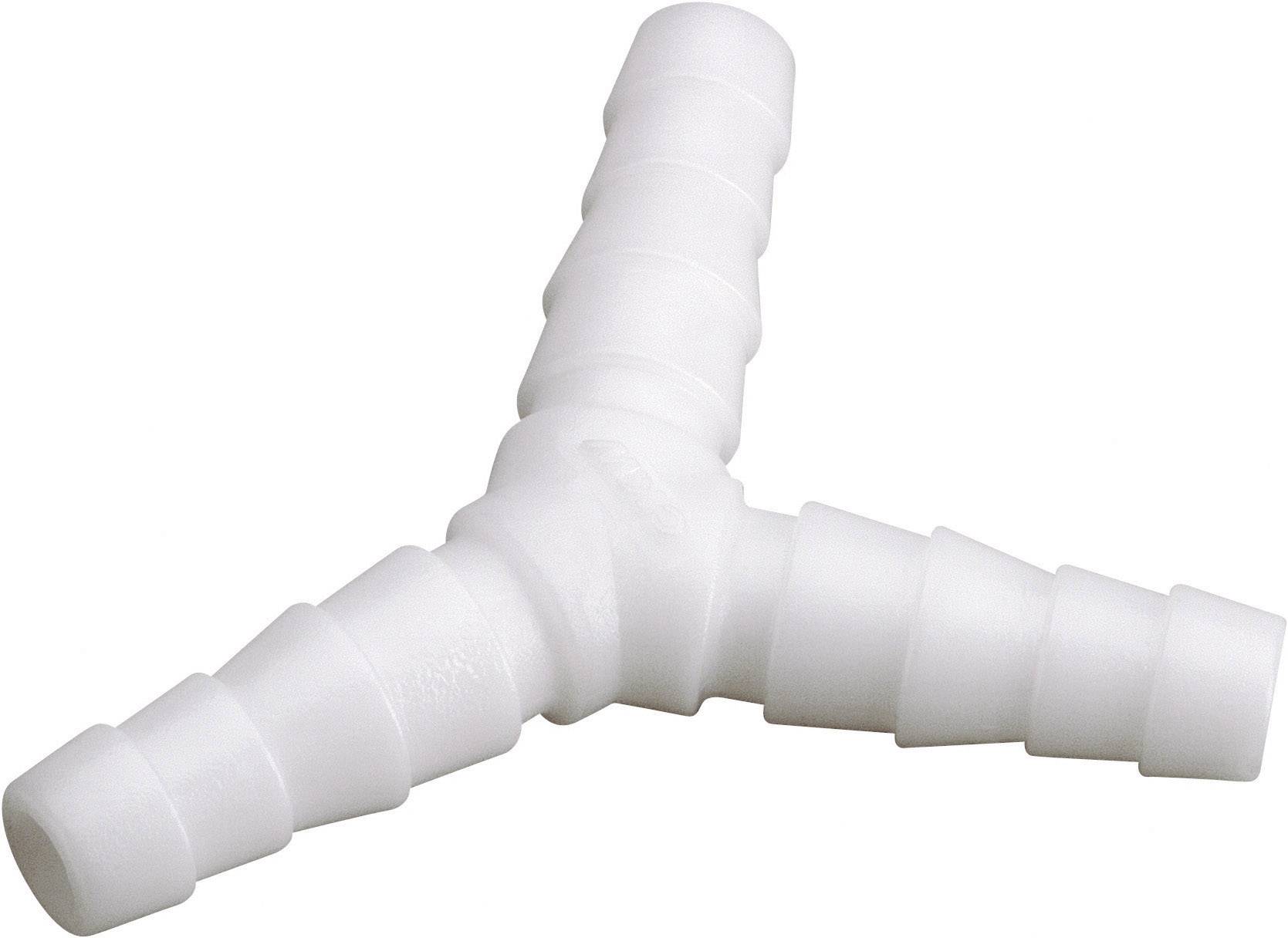 Three-way plastic connector with uniform, ribbed hose connections.