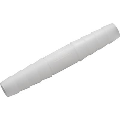 A white plastic tube connector with tapered ends, designed to connect pipes of different sizes.