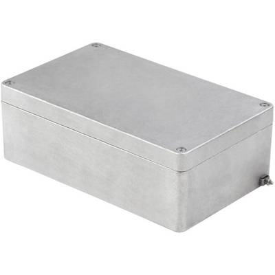 Metallic rectangular enclosure with screws in the corners, lying on a white surface. It is closed and functional.