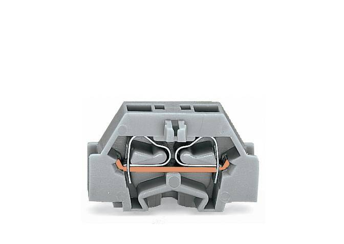 Grey, electrical terminal block with two openings for cable connection, robust design for secure and durable electrical connections.