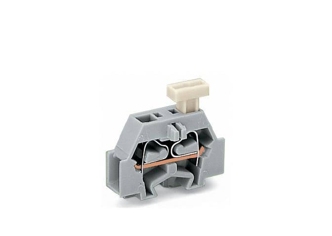 A grey cable connector holding two wires, with a lever on top. It is used for securely connecting electrical cables.
