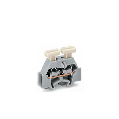 Grey terminal block component with two connection terminals and copper-coloured terminals inside, on a white background.
