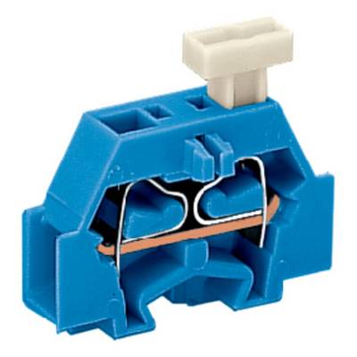 Blue electrical terminal block with white cover and internal metal contact, for connecting electrical wires.