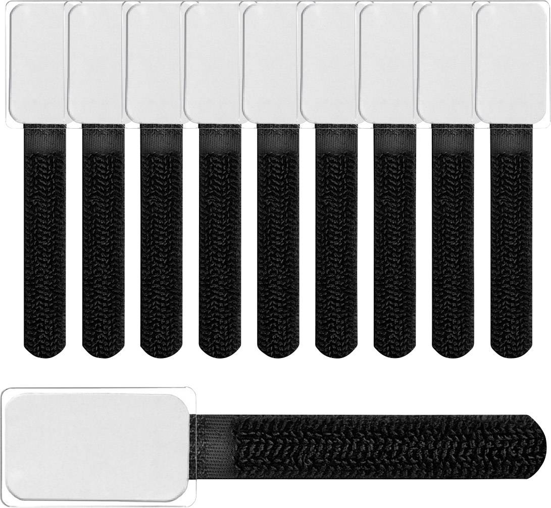 Ten white cable tie straps with black hook and loop fasteners. Upper rectangles are for labelling and the straps are used for cable management.