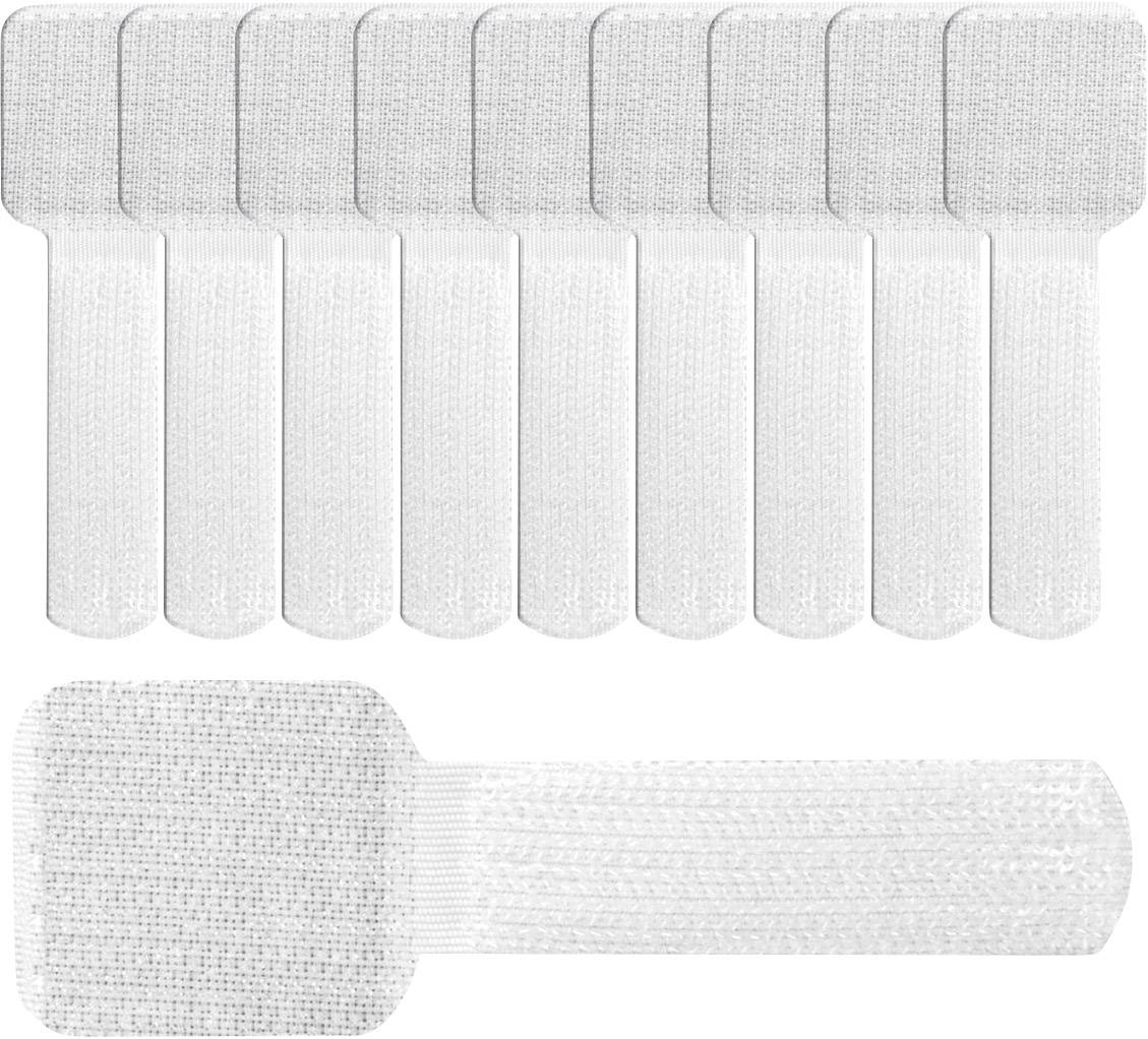 Long, elastic, self-adhesive white wound plaster. Ten pieces side by side, one plaster shown individually spread out.