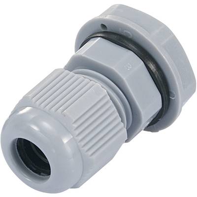 Grey plastic cable gland with thread, seal, and knurled screw for securing and sealing cables in enclosures.