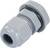 Grey plastic cable gland with thread, seal, and knurled screw for securing and sealing cables in enclosures.