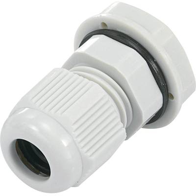 A white plastic cable gland, positioned sideways, with a ribbed gripping area, for the secure fastening of cables.