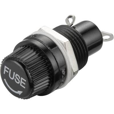 'Round black fuse holder socket with "FUSE" inscription on the cap, featuring two metal contacts.'