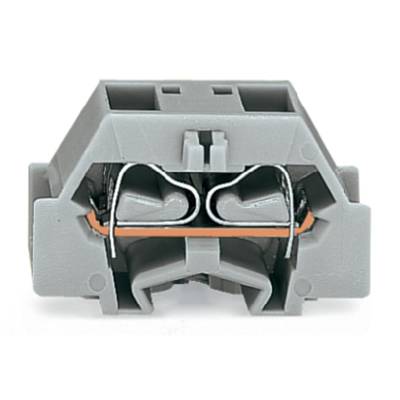 Grey electrical terminal block with two connection openings and integrated metal contact. Used for securely connecting cables.