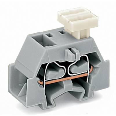Grey electrical socket module with two sockets and a white insert on top, showing internal metal contact and mounting element.