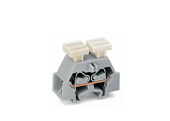 Grey electrical connector with two white terminals, suitable for wiring in industrial and domestic installations.
