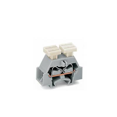 Grey electrical connector with two white terminals, suitable for wiring in industrial and domestic installations.