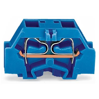 Cross-section of a blue electrical terminal block with metal connections. Shows the internal structure and connection points.