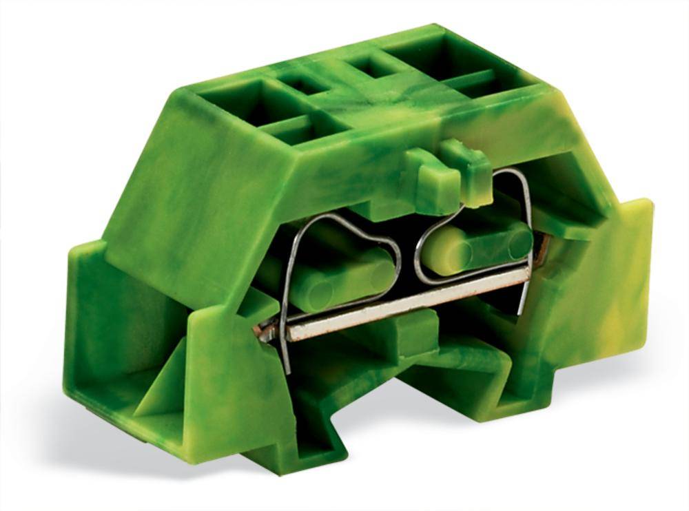 Green electrical terminal block with multiple connection openings and metal springs, for securing cables in electrical circuits.