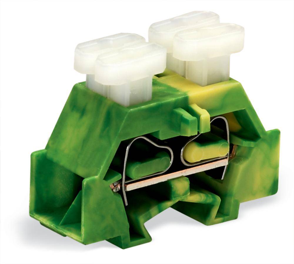 Green, plastic-coated electrical connector with two white, transparent terminal connections, suitable for electrical connections.