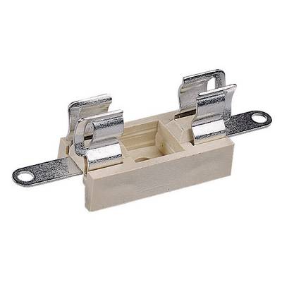 A ceramic fuse holder with two metal clips, suitable for use in electrical circuits for secure fuse mounting.