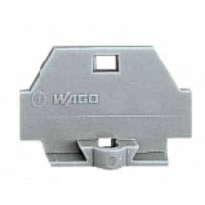 A grey end holder from the WAGO brand, used for mounting components on a DIN rail in electrical installations.