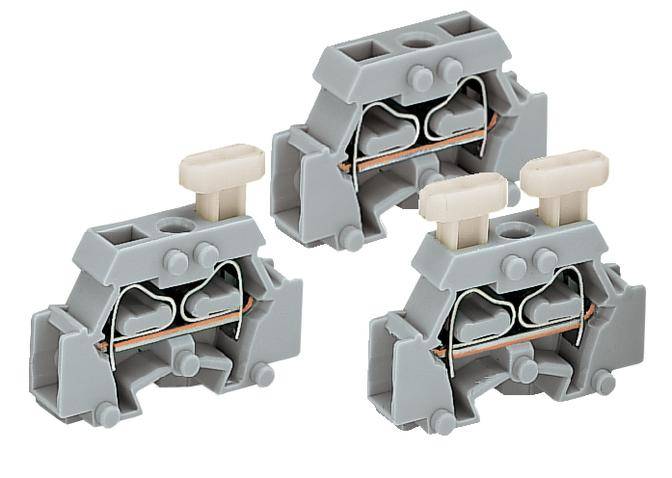 Three grey clamps on a white background, each with two inputs and lever elements used for cable connection.